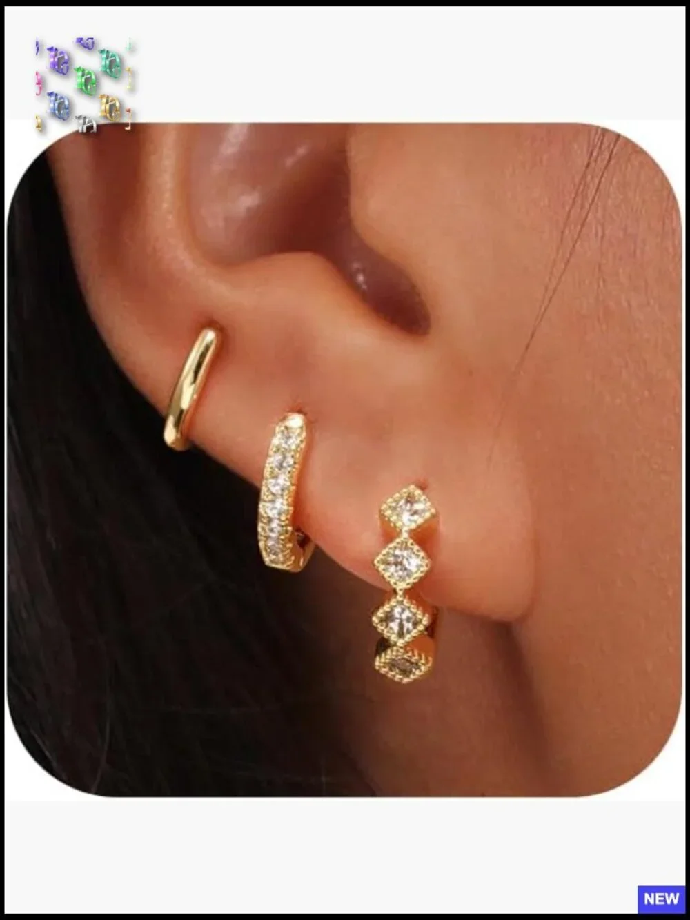 Trendy Gold Hoop Earrings Set 3 Sizes Chunky Micro Pave Cubic Zirconia Dangle